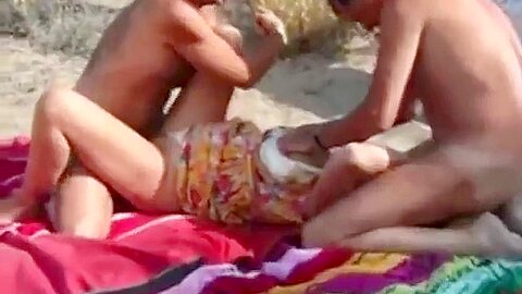 Mature threesome at the beach | watch  HD voyeur cam xxx video for free