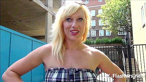 Blonde babe Axa Jays public flashing and voyeur showering of sexy exhibitionist darling showing tits and shaved pussy by UK Flashers | watch  HD candid cam porn video for free