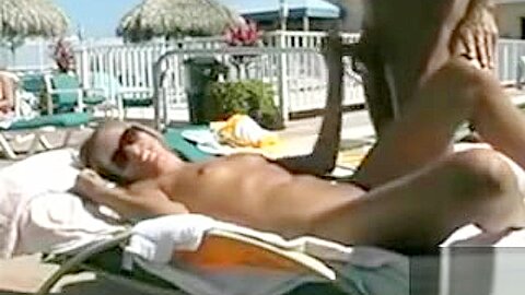 Poolside handjob and sex with tanned lovers | watch  HD voyeur cam sex movie for free