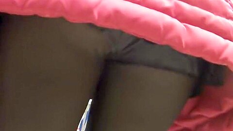 Peeping upskirt (fake) under a red jacket | watch  HD spy camera sex video for free