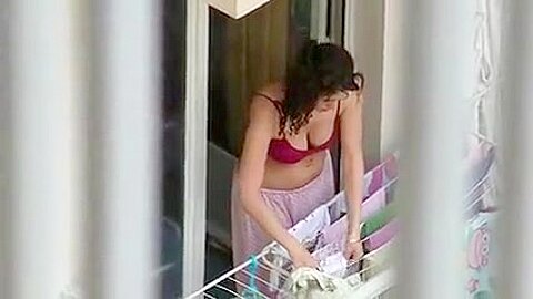 Lovely neighbor girl is hanging clothes | watch  HD candid camera sex movie for free