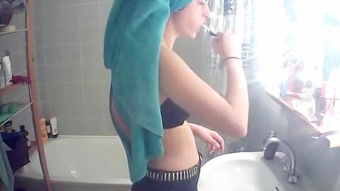 Petite teen girl spied while washing teeth (18+) | watch  HD spy cam sex movie for free