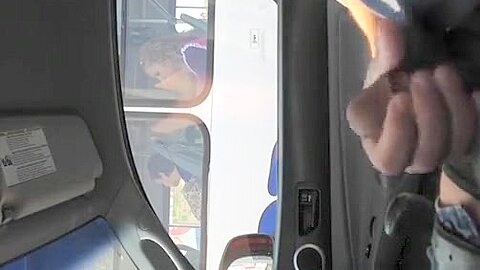 Guy strokes his cock in traffic next to woman in bus | watch  HD hidden camera porn movie for free
