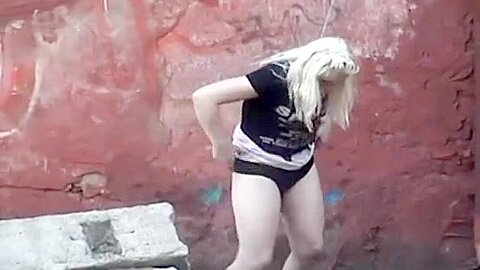 Blonde girl peeing next to old building | watch  HD spy camera sex movie for free