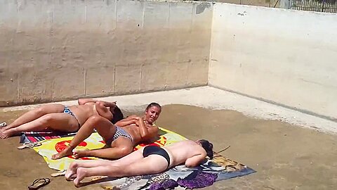 Three caught topless sunbathing | watch  HD spy cam sex movie for free