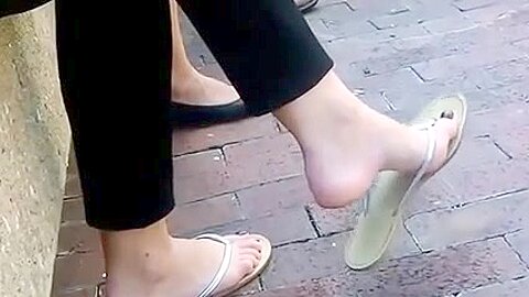 Candid Brunette Feet Shoeplay Dangling Flip Flops Outside | watch  HD candid camera porn movie for free