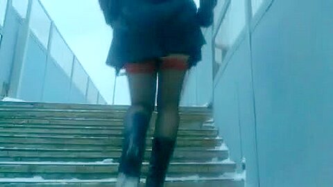 Chick in red tops stockings going upstairs | watch  HD candid cam porn movie for free