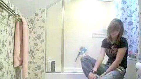 Punk girl getting ready for shower sees hidden cam (fake) | watch  HD spy cam sex movie for free