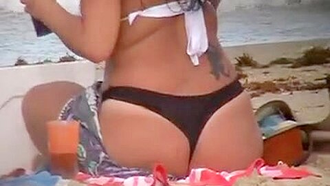 two mature in thong on the beach | watch  HD candid camera porn video for free