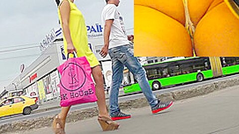 Hot upskirts (fake) with slender brunette in yellows dress | watch  HD hidden camera sex movie for free