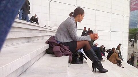 Hawt woman in darksome hose sit on stairs | watch  HD candid camera xxx video for free